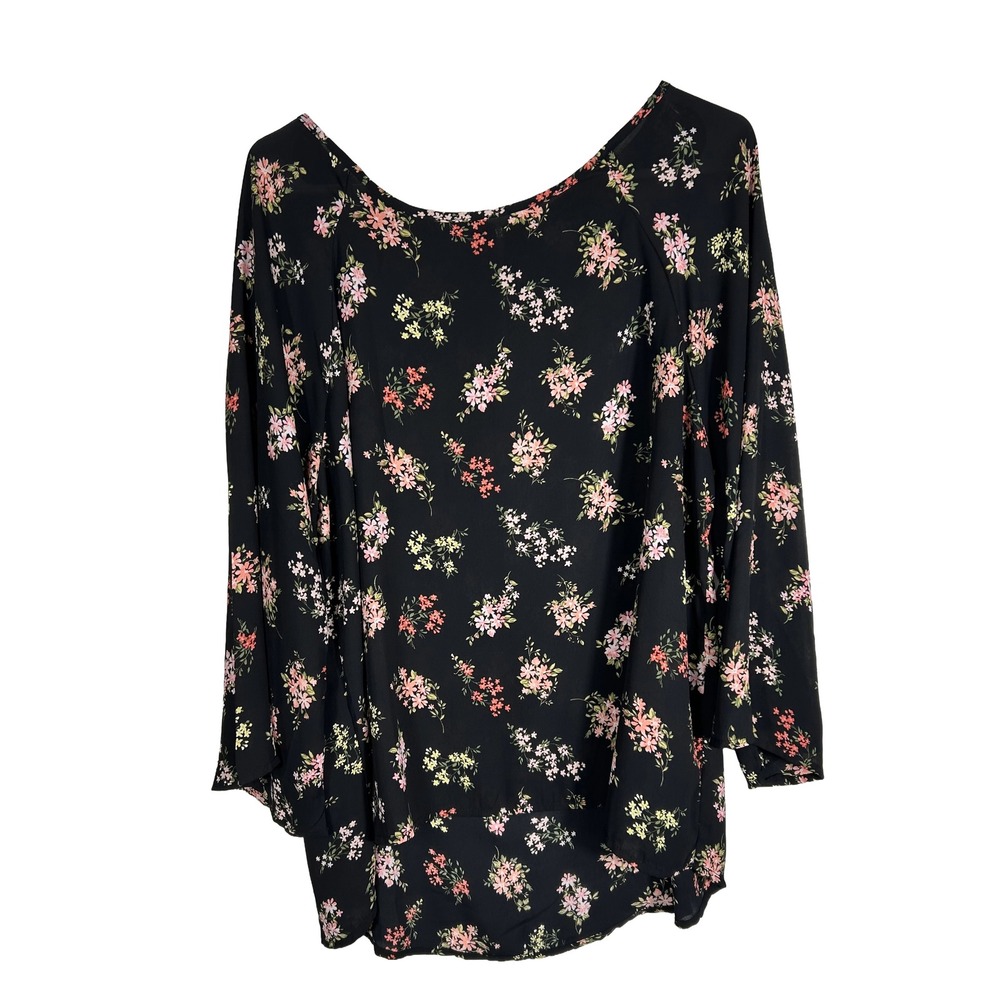Papermoon Womens XL Black Floral 3/4 Sleeve Scoop Neck Zipper Back Blouse Top